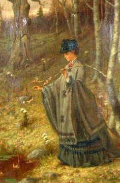 a painting of a woman standing in the woods