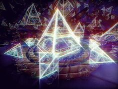 an abstract image of three pyramids with lights in them