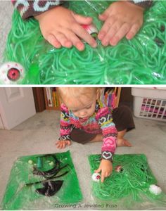 two pictures of a child playing with green slime and spider webs on the floor