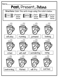 the past, present and future worksheet is shown with coffee cups on it