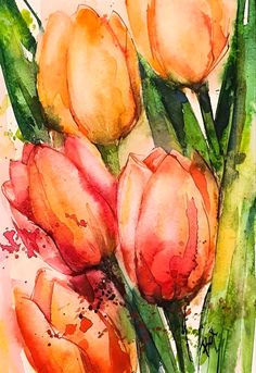 watercolor painting of orange tulips with green leaves on the bottom and pink flowers in the middle