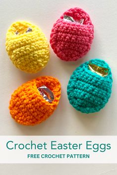 four crochet easter eggs are shown in three different colors, with the text free crochet pattern