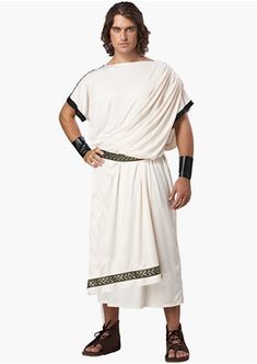 Travel back in time and dress as the Romans and Greeks did in this tunic toga costume. This cream costume includes a tunic with an attached shoulder drape edged in black and metallic gold-leaf brocade ribbon and faux leather (polyester). Available in adult size Standard. Costumes typically run a little smaller than regular clothing sizes. Please purchase accordingly. Sandals, arm bands not included. Other Roman, Greek costumes and accessories (laurel leaf head wreaths, arm bands, weapon props) a Mens Toga Costume, Greek Toga, Roman Toga, Gladiator Costumes, Toga Costume, Toga Party, Greek Costume, Carnival Dress, California Costumes