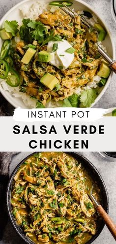 an image of salsa verde chicken in a skillet with the title instant pot salsa verde chicken