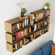 a bookshelf with several shelves filled with books next to a blue couch and potted plant