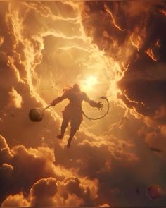 a man in the air with a hoop and a ball on his feet, as if he were flying through the clouds