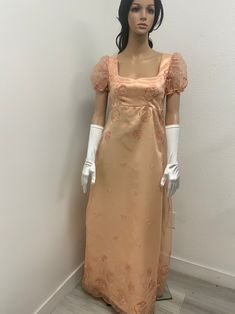 Peach Empire Waist Regency Style Dress/costume/cosplay - Etsy Orange Regency Dress, Pink Regency Style Costume Dress, Pink Regency Costume Dress, Fitted Orange Organza Dress, Fitted Peach Dress For Wedding, Regency Style Fitted Pink Dress, Pink Fitted Regency Style Dress, Satin Gown For Costume Party, Fitted Organza Dress For Costume Party