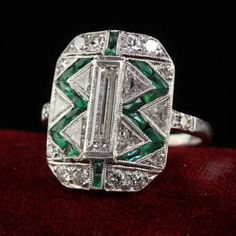 Antique Art Deco Cartier Old Baguette Diamond and Emerald Cocktail Ring For Sale at 1stDibs Antique Cartier Jewelry For Gifts, Vintage Cartier Diamond Jewelry, Cartier Platinum Ring In Diamond White, Cartier Platinum Diamond Ring With Diamond Accents, Elegant Cartier Diamond Ring In Platinum, Rectangular Diamond White Ring With Baguette Diamonds, Formal Square Cut Diamond Ring With Rose Cut Diamonds, Cartier Wedding Diamond Ring With Diamond Cut, Art Deco Rectangular Brilliant Cut Diamond Ring