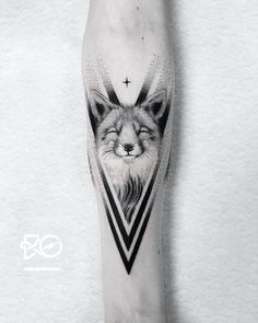 a black and white photo of a fox on the left arm with triangles around it