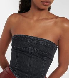 Denim Bustier Top, Denim Bustier, Stella Mc, Leather Midi Skirt, Bustier Top, Stella Mccartney, Beauty Tips, Black Cotton, Beauty Hacks