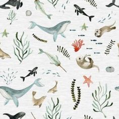 an ocean scene with dolphins, seaweed and other marine animals on white fabric by the yard