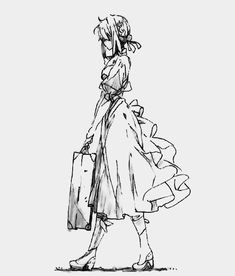 a black and white drawing of a woman walking with shopping bags in her hand,