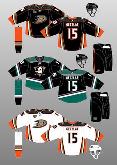 an ice hockey uniform designed to look like it has been worn in different colors and numbers