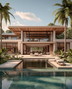 an artist's rendering of a modern house with pool and palm trees in the foreground