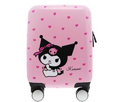 a pink suitcase with a cartoon character on it