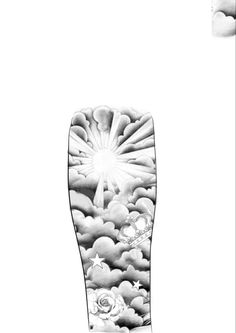 an artistic drawing of a foot with clouds and flowers on the bottom, in black and white