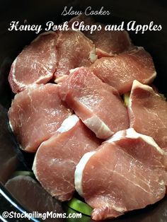 raw pork chops and apples in a slow cooker with the title above it