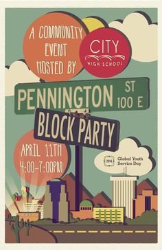 a poster for a block party with street signs in the foreground and clouds in the background