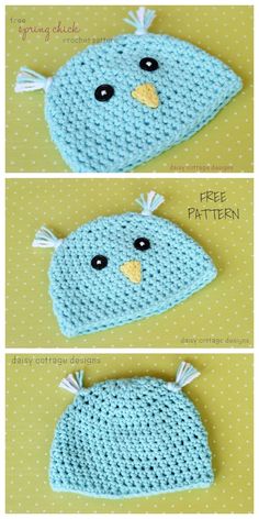 crocheted blue bird hat is shown in three different views