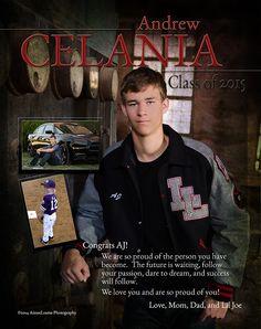 a young man standing in front of a wall with pictures on it and an advertisement for the class of 2013