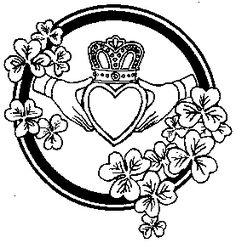 a heart with flowers and a crown in the middle is surrounded by clovers on a green background