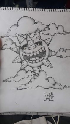 a drawing of a cartoon character with clouds in the background