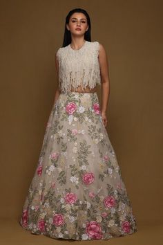 Shop for Shriya Som Off White Tulle Floral Bloom Embroidered Skirt for Women Online at Aza Fashions Pearl Fringe, Nude Fabric, Feather Gown, Fringe Blouse, Tulle Embroidery, Panel Skirt, Paneled Skirt, Fringe Top, Fancy Blouses