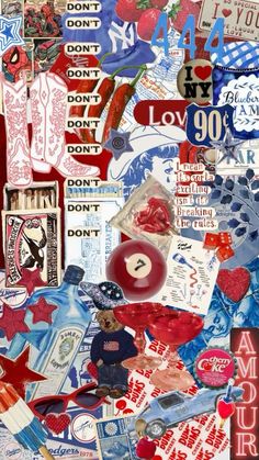 a collage of various stickers and magnets on a wall with the word love