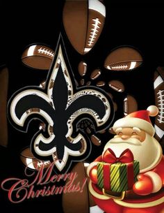 a new orleans saints christmas card with santa claus holding a gift box and footballs in the background