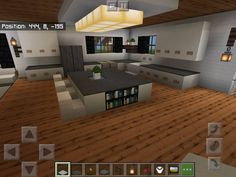 an image of a kitchen in the minecraft style with wood floors and white walls