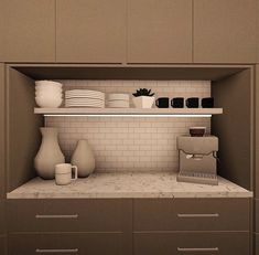 the shelves in this kitchen are filled with dishes and vases