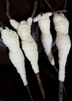 four white cotton swabs hanging from a tree branch with brown leather material behind them