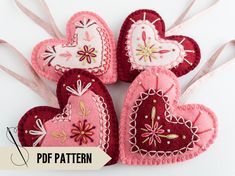 four heart shaped ornaments are shown on a white background with the words pipp pattern below them