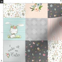 a patchwork quilt with different designs and words on it, including an image of a bunny