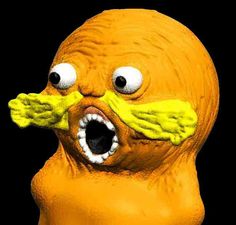 an animated yellow creature with its mouth open