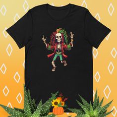 Celebrate the season with a piece that's as bold as it is fun. The Dancing Dreadlock Skeleton is more than just a cool print - it's a reminder to live life fully, even when you're in the afterlife! With its lively yet spooky energy, this is a must-have for reggae lovers looking to add a little island flavor to their Halloween festivities. This t-shirt is everything you've dreamed of and more. It feels soft and lightweight, with the right amount of stretch. It's comfortable and flattering for all.  * 100% combed and ring-spun cotton (Heather colors contain polyester) * Fabric weight: 4.2 oz./yd.² (142 g/m²) * Pre-shrunk fabric * Side-seamed construction * Shoulder-to-shoulder taping * Blank product sourced from Nicaragua, Mexico, Honduras, or the US This product is made especially for you a Halloween Band Merch T-shirt With Print, Hippie Cotton T-shirt For Streetwear, Black Hippie Crew Neck T-shirt, Dancing Skeleton Shirt, Band Merch Skull T-shirt For Summer, Casual Skull Custom Print T-shirt, Day Of The Dead Skull Print T-shirt, Halloween Long Sleeve T-shirt With Skull Print, The Afterlife