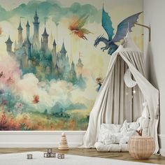 a child's room with a castle mural on the wall