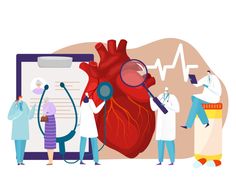 doctors examining a heart with a magnifying glass and stethoscopes