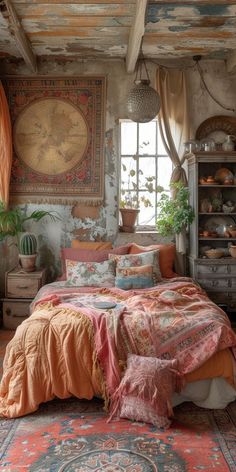 a bedroom with a large bed covered in orange and pink sheets, pillows and rugs