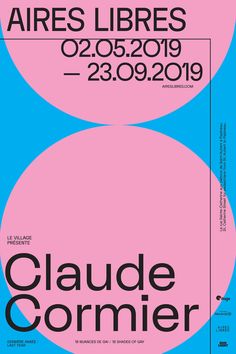 the poster for aires libres is shown in blue and pink, with two circles