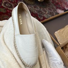 Prada Never Worn Espadrilles Size 40 Pass Return Time Frame Best Offer Designer White Espadrilles With Round Toe, White Leather Espadrilles, White Chic Espadrilles With Round Toe, White Elegant Espadrilles With Round Toe, Elegant White Round Toe Espadrilles, White Leather Espadrilles With Woven Sole, Designer White Espadrilles With Woven Sole, White Leather Espadrilles With Round Toe, Luxury White Espadrilles For Spring