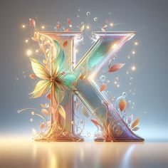 the letter k is decorated with flowers and leaves in an artistic way that makes it appear to be illuminated