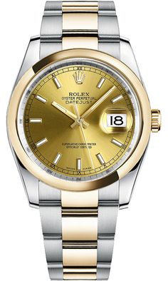 116203 | M116203-0125 ROLEX DATEJUST 36 MEN'S OR WOMEN'S LUXURY WATCH Store Display Model (What's This?) - With Manufacturer Serial Numbers - Swiss Made - Champagne Dial - Solid 18k Yellow Gold Domed Bezel - Date Feature - Self-winding Automatic Chronometer Movement - 6 Year Warranty - Guaranteed Authentic - Certificate of Authenticity - Manufacturer Box & Manual - Solid 18k Yellow Gold with 904L Oystersteel Stainless Steel Case & Oyster Bracelet - Scratch Resistant Sapphire Crystal - 100 Meters / 330 Feet Waterproof - 36mm = 1 1/3" Case, 6" Adjustable Bracelet - Deployment Buckle - Luminescent Hands and Markers - Screw Down Crown & Caseback - Free Bracelet Sizing     Also Known As Model # 116203-CHPSO Rolex Datejust 36mm, Rolex Vintage, Watches Collection, Swiss Army Watches, Oyster Perpetual Datejust, Rolex Watches For Men, Best Watches For Men, Expensive Watches, Rolex Men