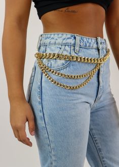 We are obsessed with this gold layered chain belt! It is the perfect piece to spice up any outfit. Pair it with a pair of jeans or a skirt for the ultimate cutest outfit. We know you will rock it! Model Info Meet Karlie! These are all one size. Hips: 37” | Waist: 25” | Bust: 34” | Height: 5’7” The Details Layered Chain Belt Approx. Width: 0.7", Length: 46" Jeans With Chains, Jeans Chain, Gold Jeans, Layered Chain, Layered Chains, Chain Belt, Spice Up, Diy Jewellery, Spice Things Up