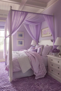 a bed with purple sheets and pillows in a room that is painted lavender color scheme