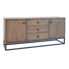 the sideboard is made out of wood and has two drawers, one with metal handles