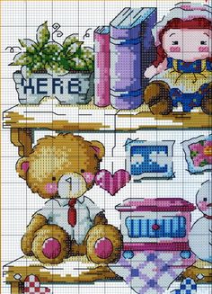 two cross stitch pictures with teddy bears and books on the shelf, one is holding a toy