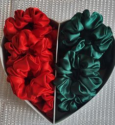 Red and Green satin, handmade scrunchies (made with love and care !); quality material and elastic that will last long and protect against hair breakage. Christmas Scrunchies, Satin Scrunchies, Hair Breakage, Green Satin, Christmas Special, Barrettes, Scrunchies, With Love, Hair Accessories