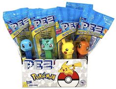 pokemon toys are in a box with blue and yellow tags on the top of them