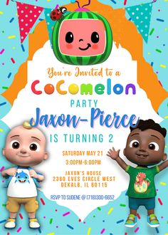 an image of a birthday party with two children in front of a sign that says you're invited to a cocomelon party